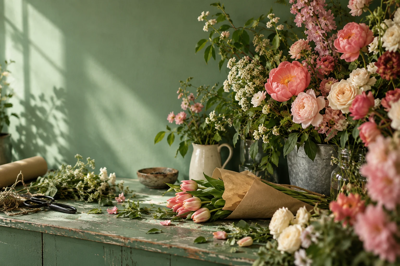 Illustrative flower-shop still life with pink seasonal stems on a muted green worktable; not an exact New Brooklyn Florist storefront, bouquet or inventory photograph.